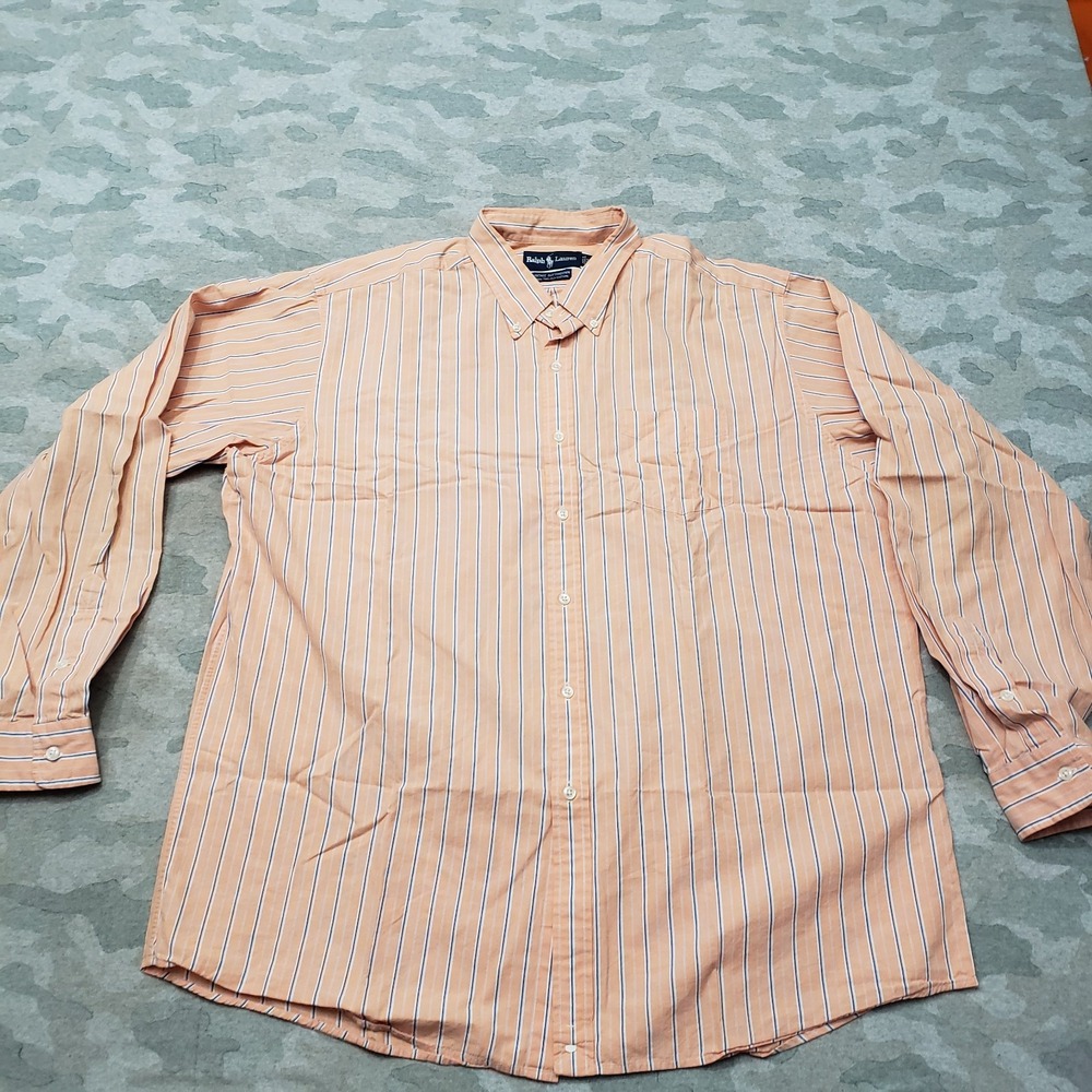 Ralph Lauren Shirt Mens XL Orange Long Sleeve Button-Up Striped‎ Two Ply